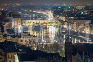 Stunning aerial night view of Ponte Vecchio, Firenze. Old Bridge