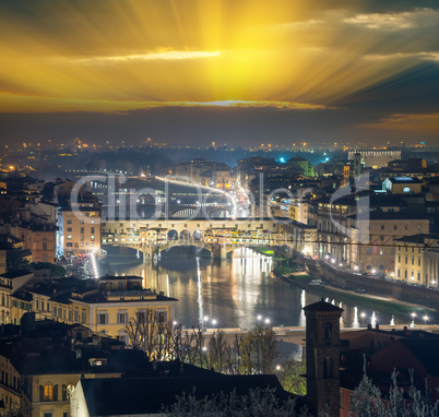 Stunning aerial night view of Ponte Vecchio, Firenze. Old Bridge