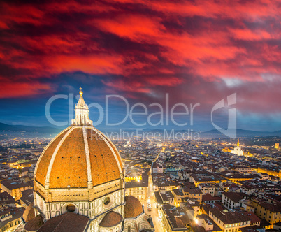 Florence (Italy) - Aerial bird eye view at sunset from Giotto Ca