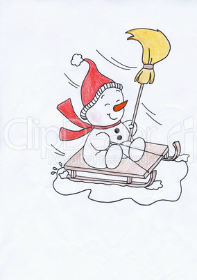 The Christmas snowman with red hat and broom