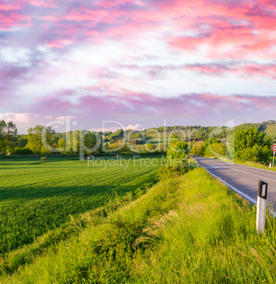 Awesome landscape of Tuscany in Spring. Bright fields colors aga