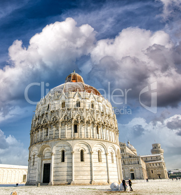 Sunset sky in Square of Miracles on a snowy winter day, Pisa, Tu