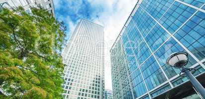 Canary Wharf skyline, office buildings, street view - London