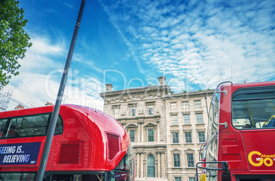 LONDON - SEPTEMBER 28, 2013: Modern red double decker buses in L