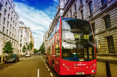 LONDON - SEPTEMBER 28, 2013: Modern red double decker bus in Lon