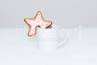 The hand-made eatable gingerbread star cookie on a cup and snow