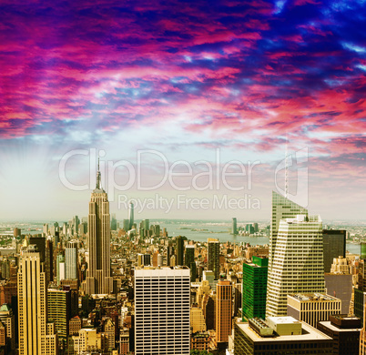 Awesome aerial view of Midtown Manhattan against sunset sky