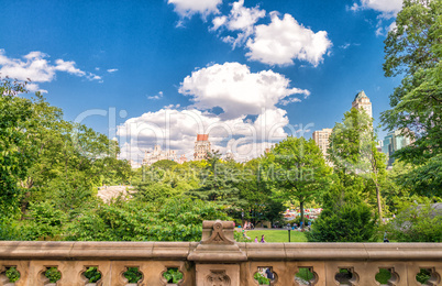 New York City Central Park on a sunny summer day with Manhattan