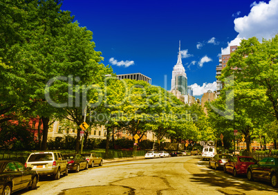 New York streets on a beautiful summer day with trees and skyscr