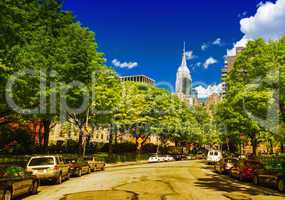 New York streets on a beautiful summer day with trees and skyscr