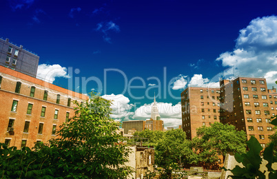 Stunning summer view of Manhattan Buildings from High Line Park.