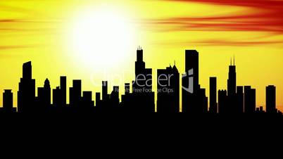 Animation of Chicago skyline city at sunset, timelapse.