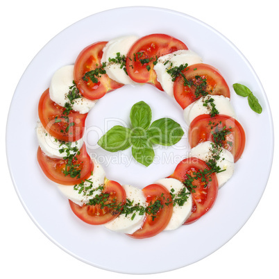 Salat Caprese mit Tomaten und Mozzarella Käse von oben