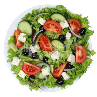 Griechischer Salat mit Tomaten, Feta Käse und Oliven auf Teller