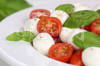 Caprese Salat mit Tomaten, Basilikum und Mozzarella auf Teller