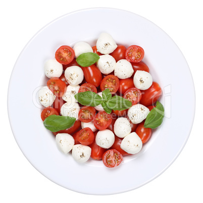 Caprese Salat mit Cocktailtomaten und Mozzarella von oben