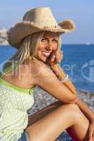 Blond Woman Girl Wearing Cowboy Hat on Beach