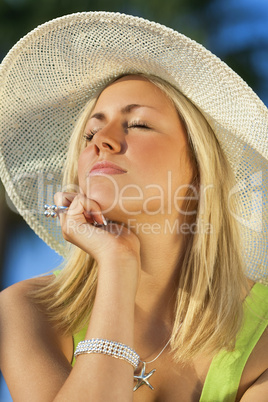 Beautiful Woman Sun Hat Tanning