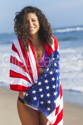 Sexy Young Woman Girl in American Flag on Beach