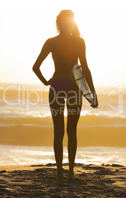 Woman Bikini Surfer & Surfboard Sunset Beach