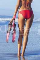 Rear View Red Bikini Woman At Beach