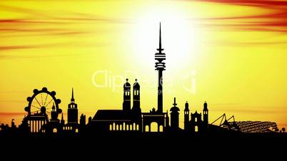 Animation of skyline of Munich city at sunset like timelapse