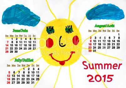 calendar for summer of 2015 with children's drawing of sun