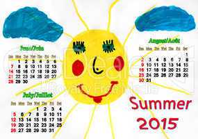 calendar for summer of 2015 with children's drawing of sun