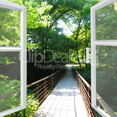 opened window to the bridge across ravine