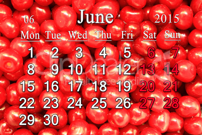 calendar for June of 2015 year with berries of Prunus tomentosa