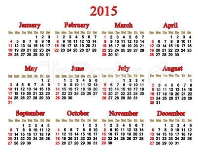 calendar for 2015 year in English