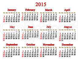 calendar for 2015 year in English