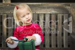 Adorable Little Girl Unwrapping Her Gift on a Bench