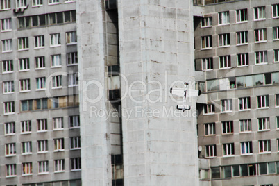 Eviemodel aircraft flying on the background buildings