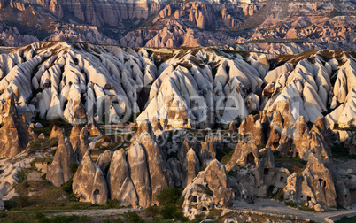 View of Cappadocia valley at spring sunset