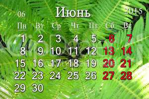 calendar for June 2015 in Russian on the background of fern