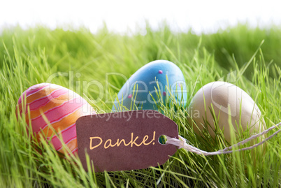Happy Easter Background With Colorful Eggs And Label With German Text Danke