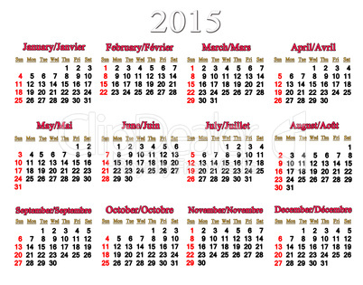 usual calendar for 2015 year on the white