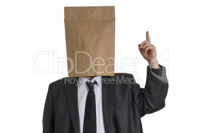 Man with Paper Bag on his head pointing upwards