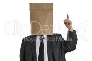 Man with Paper Bag on his head pointing upwards