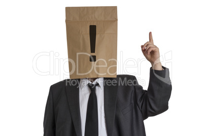 Man with Paper Bag with exclamation mark on his head pointing up