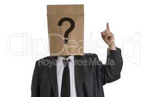 Man with Paper Bag with question mark on his head pointing upwar