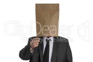 Man with Paper Bag on his head pointing into the camera