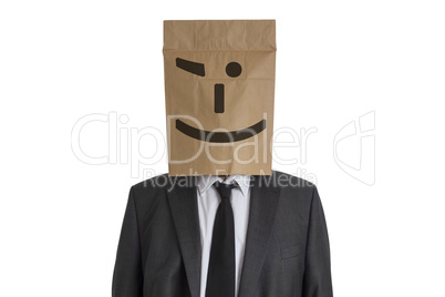 Man with Paper Bag with smiley on his head