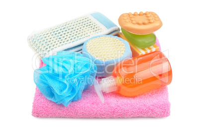 Towel, soap, shampoo and sponge