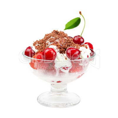 Ice cream with strawberries and cherries