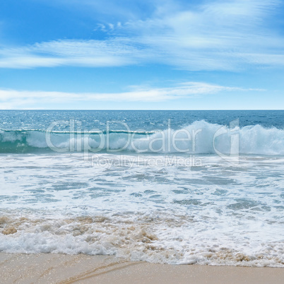 ocean, sandy beach and blue sky