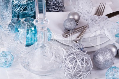 Stylish blue and silver Christmas table setting