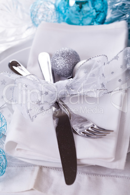 Stylish blue and silver Christmas table setting