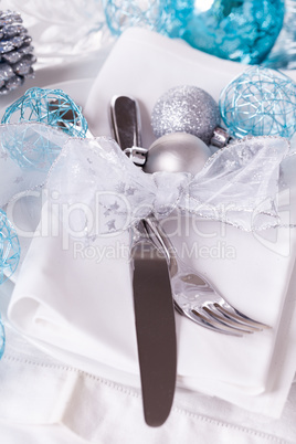 Stylish blue and silver Christmas table setting